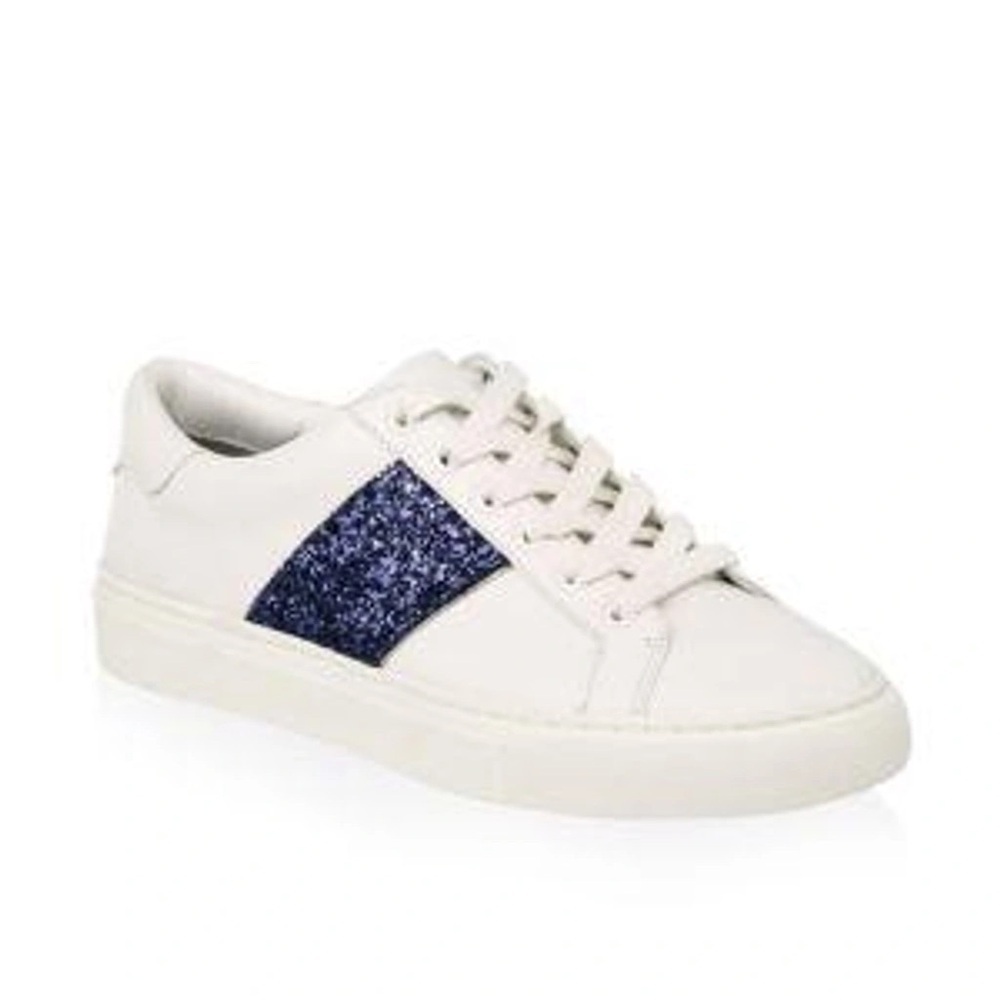 Tory Burch Carter White Leather Navy Glitter Lace-Up Sneakers Size 7.5